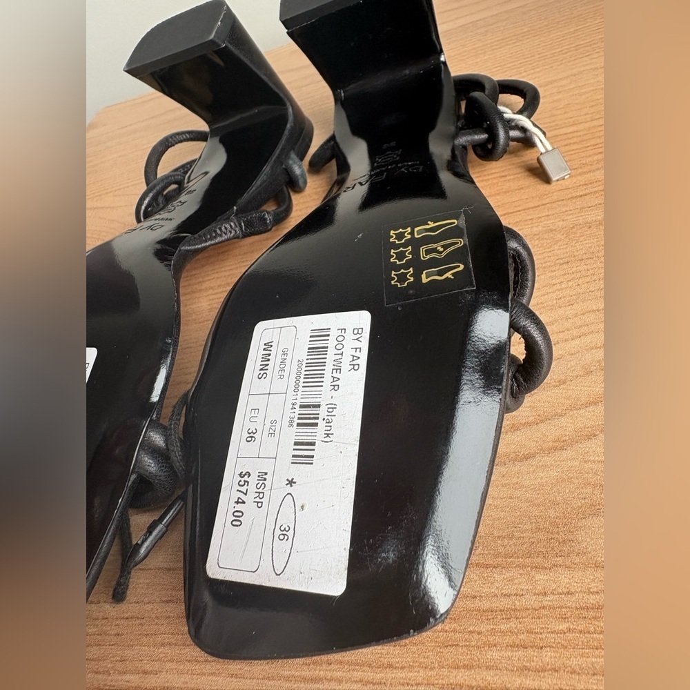 By Far Charlie Black Leather Knot Sandals Size 36 Square Toe 2.5” Heel - Picture 10 of 15